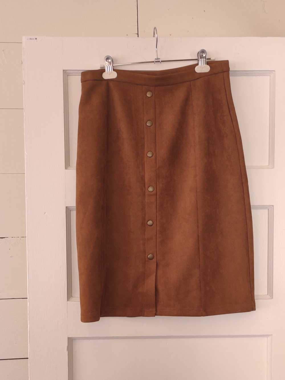 Retrology  Cognac Button Detail Faux Suede Midi Skirt